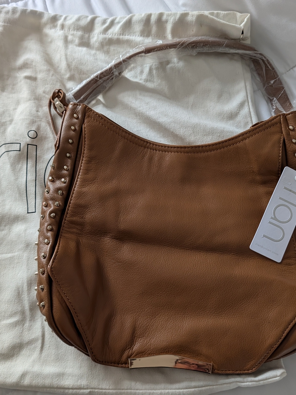 POVERTY FLATS by rian Cognac Brown Studded Leather Shoulder Bag